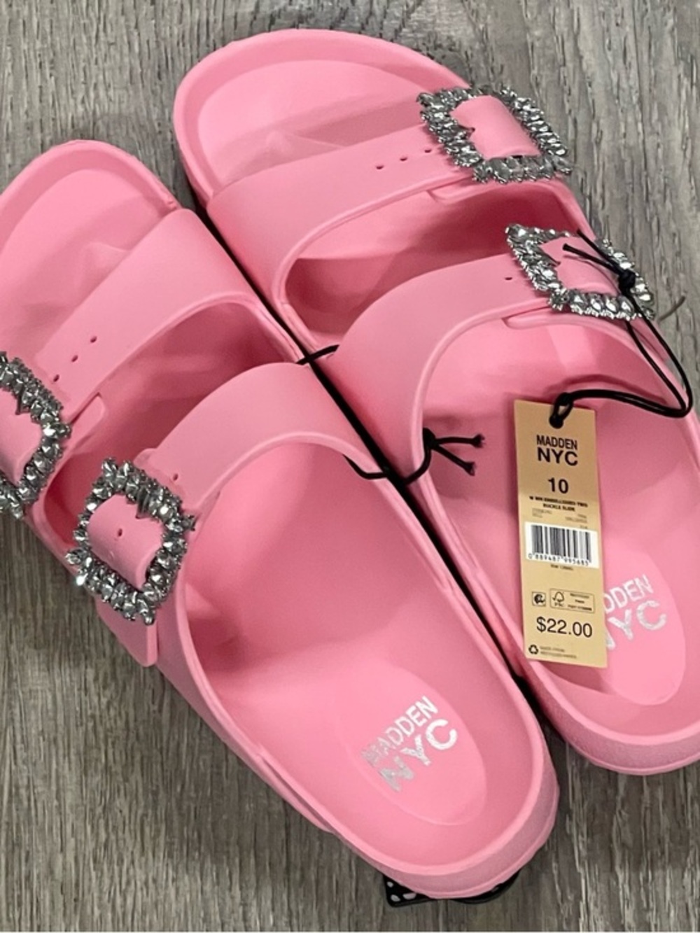 Madden NYC Pink Jeweled Buckle Slide Sandals